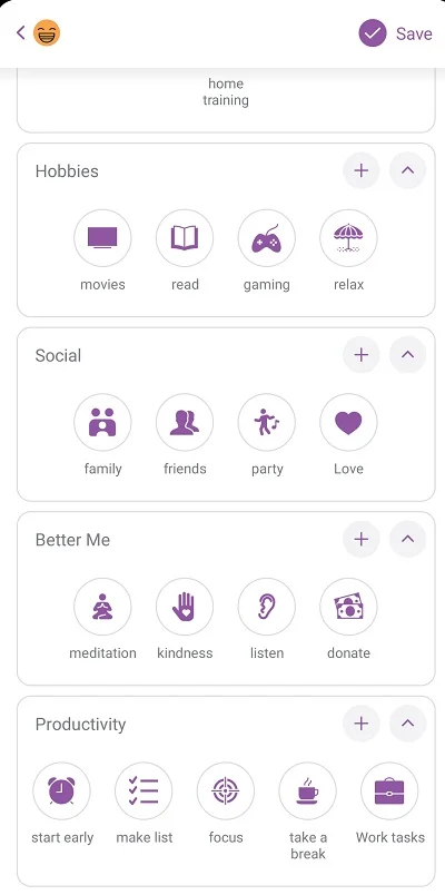 Default activities in the Daylio app