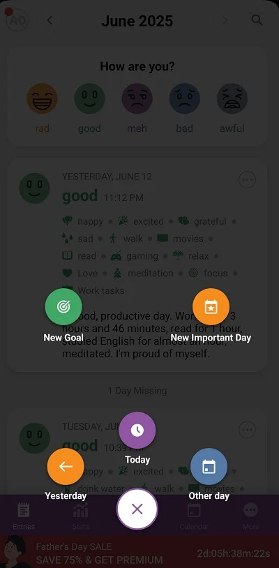 Daylio App add new day